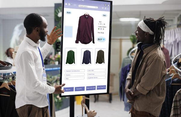 People look at clothing kiosk service with interactive board in fashion retail store. Male worker helping customer to buy modern clothes and items on self ordering touch screen monitor.