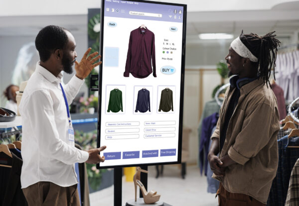 People look at clothing kiosk service with interactive board in fashion retail store. Male worker helping customer to buy modern clothes and items on self ordering touch screen monitor.